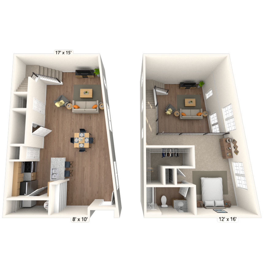 Floor plan for 1 bed, 1.5 baths, 1148 sqft